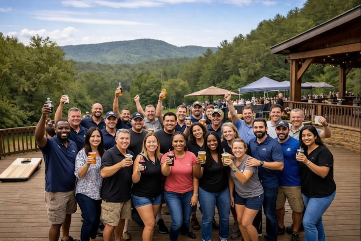 A corporate group at Garland Mountain on the lawn, dressed casually for a retreat day.