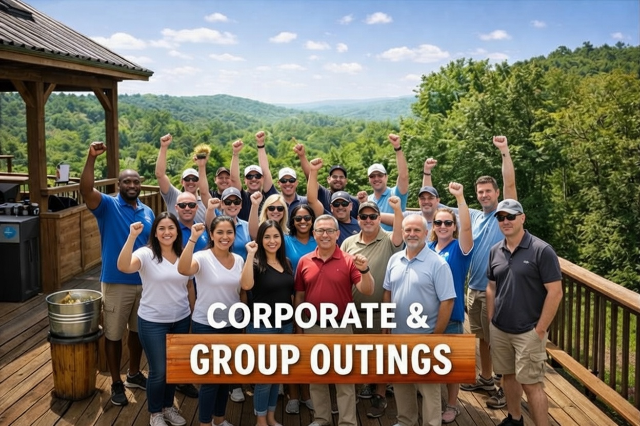 A group of guests posing together on the porch at Garland Mountain after a private outing.